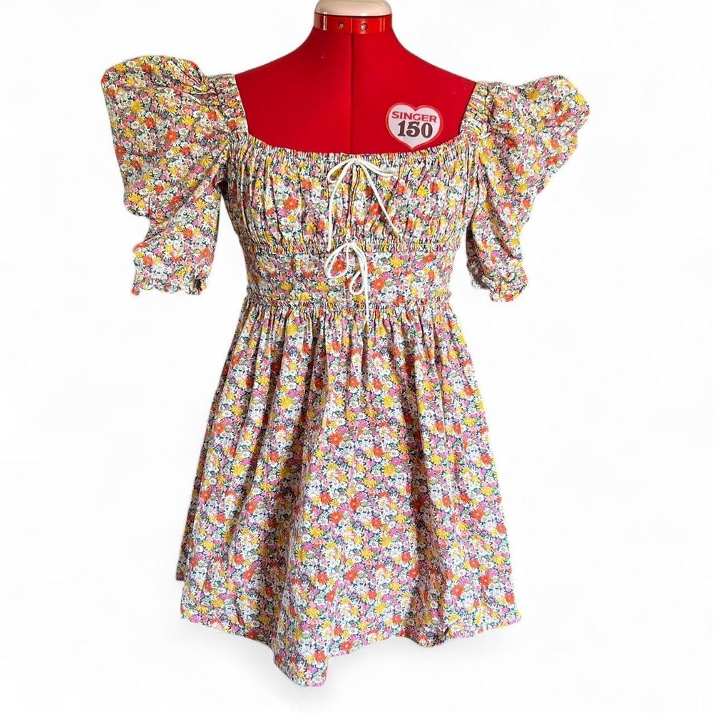 For Love & Lemons Libby Mini Dress Cotton Floral Oversized Puff Sleeves size xs
